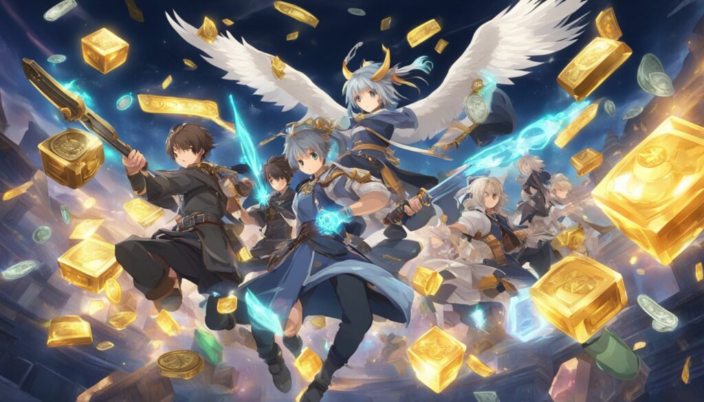 A group of Anime characters wielding gold coins, as they acquire legendary gear.