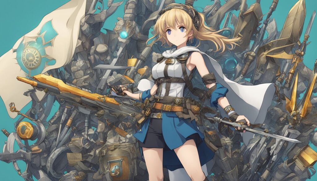 An Anime girl showcasing a legendary sword amidst a vast array of spirit weapons.