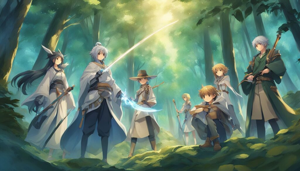 A group of anime characters standing in the woods, ready to acquire legendary gear and wield their anime spirits weapons.