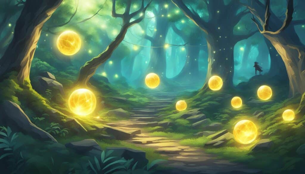 A legendary forest filled with golden coins, reminiscent of an anime world, lying in the middle of a path where spirits weapons are said to reside.