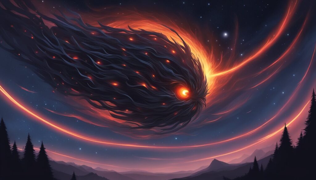 An image of a Nightmare Elemental flying through the night sky, surrounded by a Celestial Phenomenon.