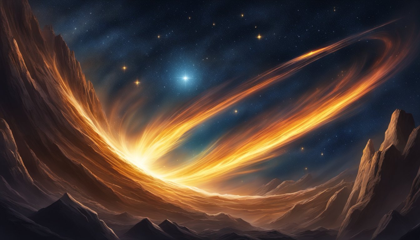 An awe-inspiring image capturing a celestial phenomenon in the night sky, where an explosion seems to be caused by the enigmatic Nightmare Elemental Comet.