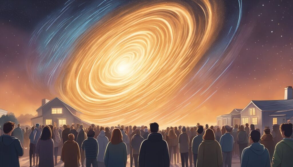 A group of people are standing in front of a large celestial phenomenon, a spiral galaxy.