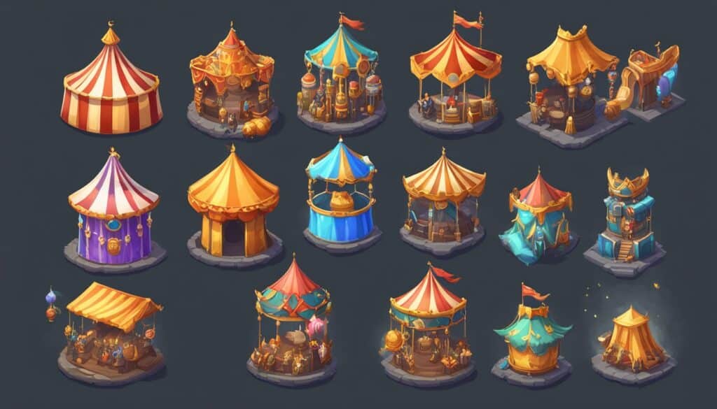 A strategic Tier List guide for the Circus Tower Defense game featuring a collection of circus tents and other tents.