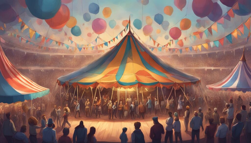 An illustration of a circus tent with people and balloons, perfect for the Circus Tower Defense Tier List strategy guide!
