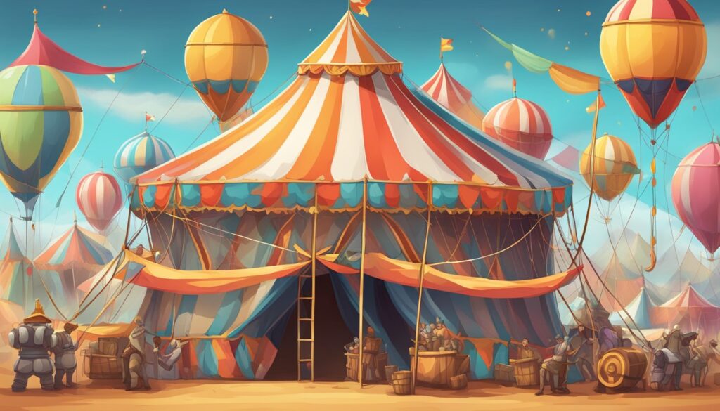         Description: A cartoon illustration of a circus tent with balloons, featuring elements from the tower defense genre.