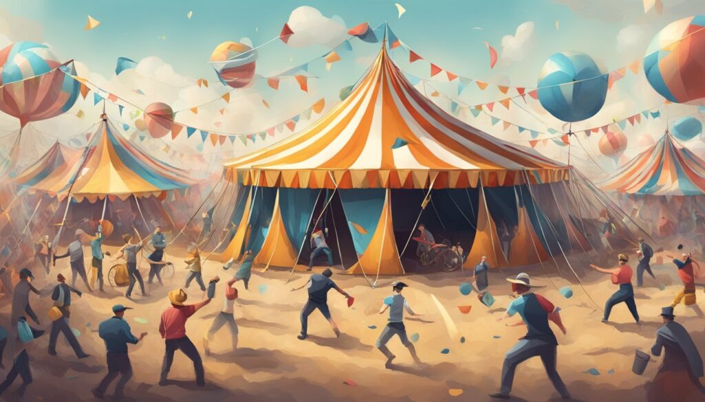 A mesmerizing painting capturing the vibrant atmosphere of a circus tent, filled with lively characters and breathtaking performances.