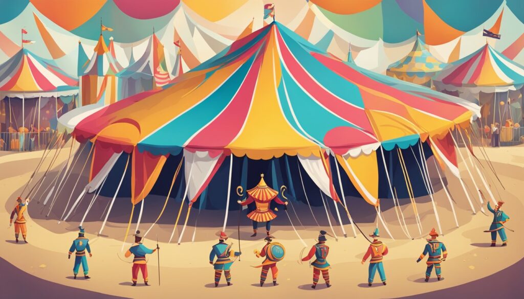 An illustration of a Circus Tower Defense game featuring Units Ranked in a Circus tent, with people excitedly gathering around it.