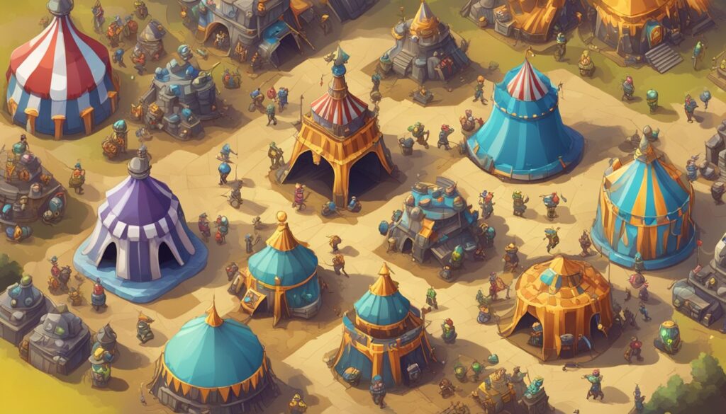 A city map featuring numerous buildings and tents, perfect for the circus tower defense game with units ranked in a tier list.