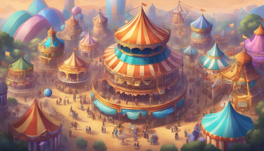 An illustration of a circus town with many tents, perfect for enthusiasts of circus or tower defense games.