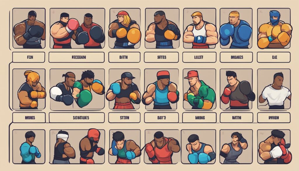 A set of boxing characters displaying various combat techniques in different poses.