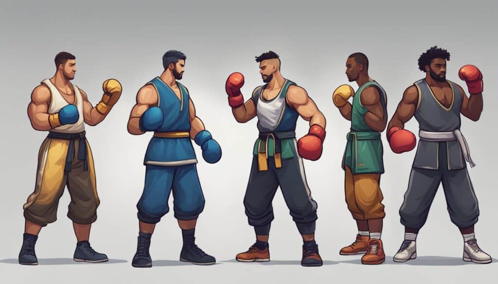 A group of men showcasing their combat techniques in a boxing game.