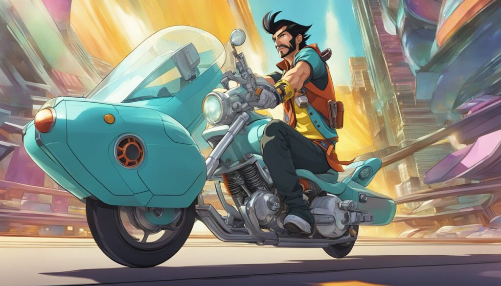 Space Dandy, a cartoon character with a mullet, riding a motorcycle in the city.