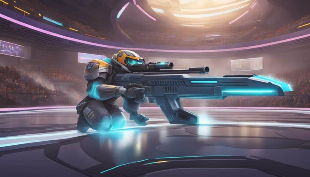 An image of a man in an arena, channeling the spirit of Space Dandy as he enforces a quick draw with his boomer shooter gun.