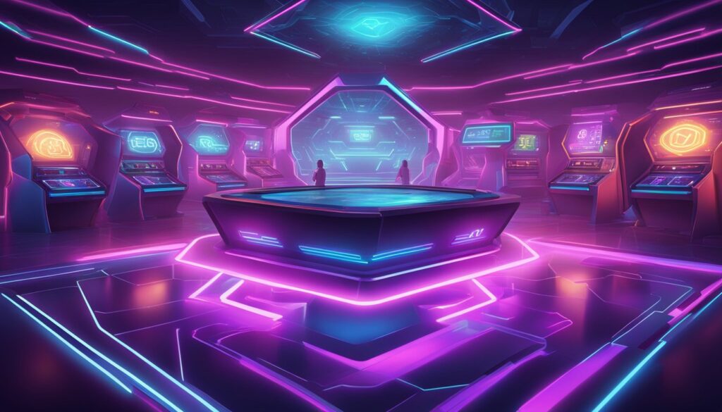 A futuristic gaming room with neon lights and a Space Dandy Boomer Shooter arcade machine.