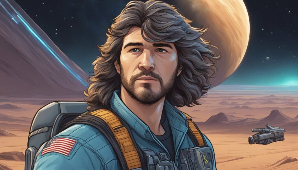 Mullet Mad Jack, a man with long hair standing in front of a planet.