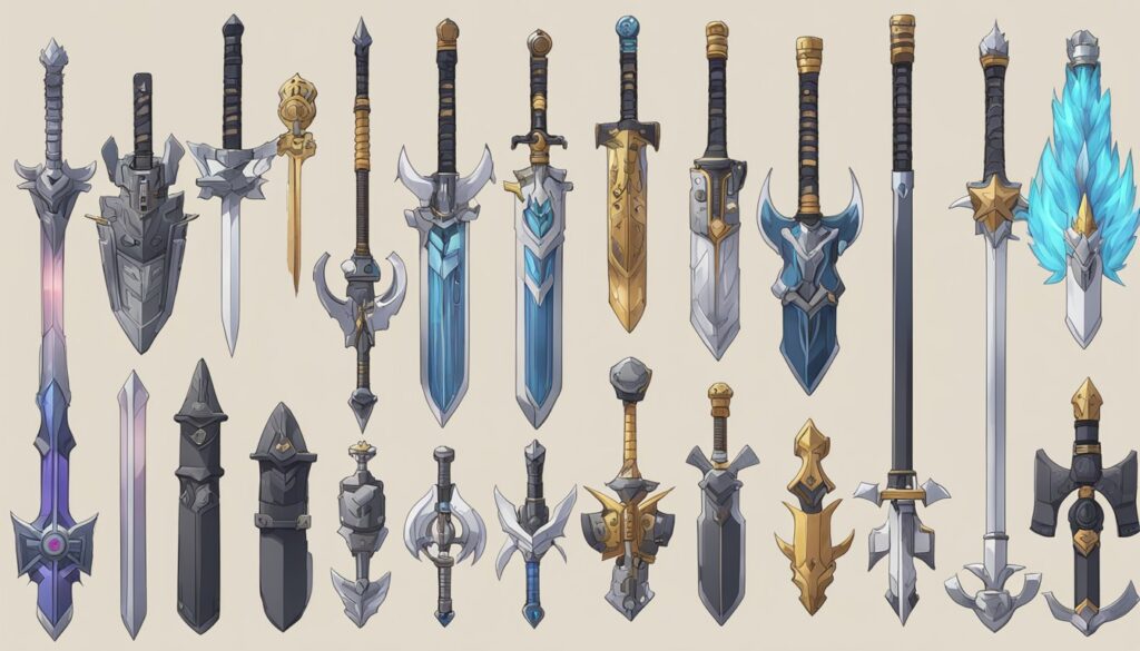A diverse assortment of anime-inspired swords, each uniquely crafted to embody the essence of powerful spirits.