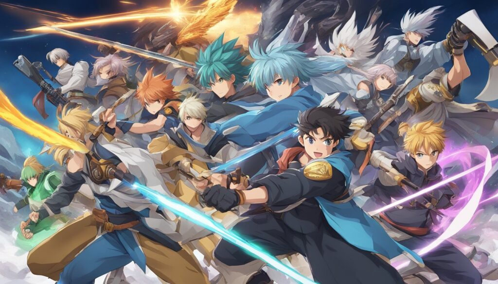 A group of spirits wielding anime weapons in the sky.