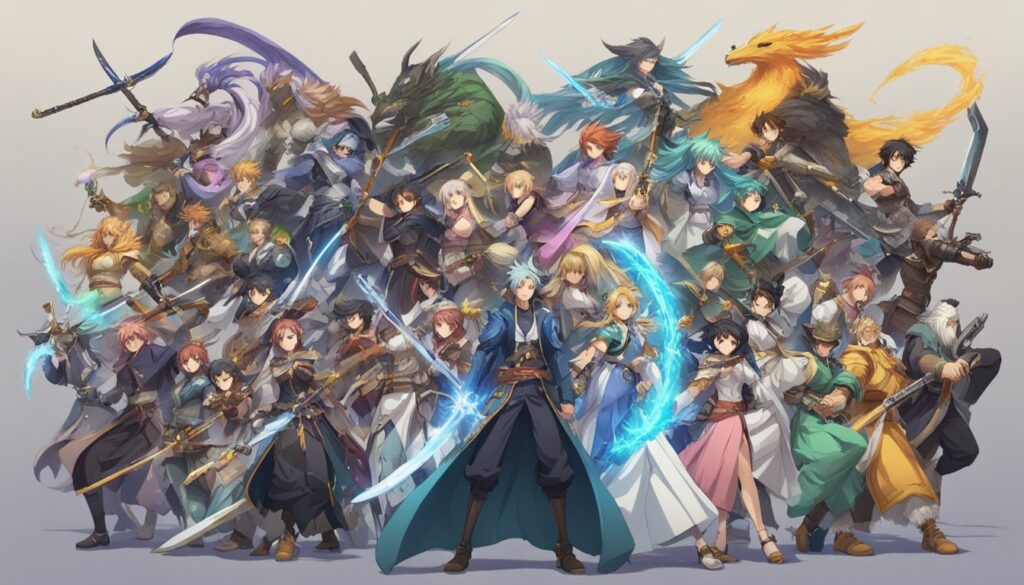 A group of anime characters wielding weapons and posing for a picture with spirits.