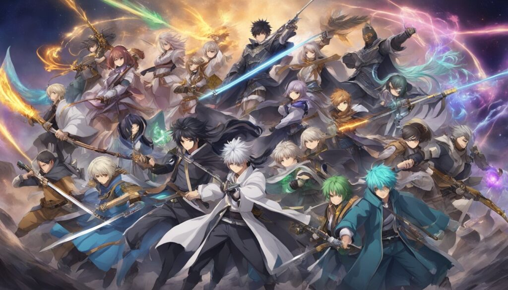An ensemble of anime characters brandishing powerful weapons against a foreboding dark backdrop.