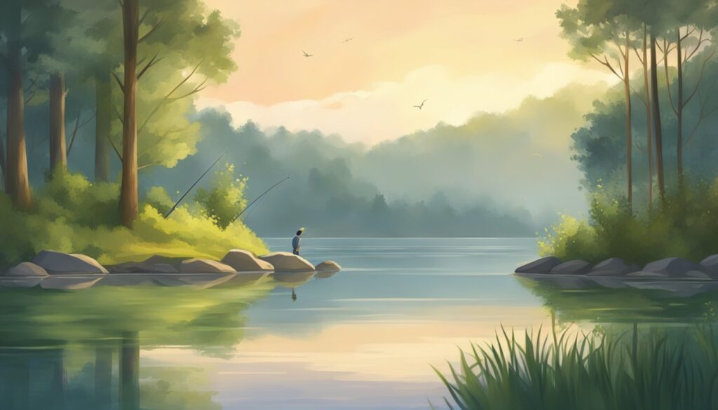 An idle fishing painting showcasing tranquility by a serene lake.