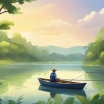 Dave the Diver takes a break while fishing in a boat, surrounded by tranquility on a lake.