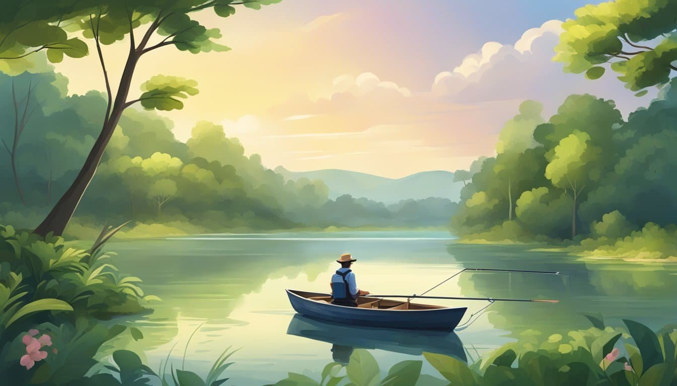 Dave the Diver takes a break while fishing in a boat, surrounded by tranquility on a lake.