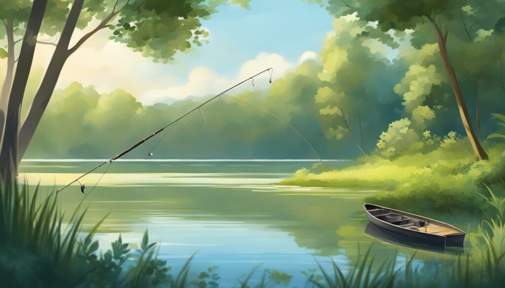 Dave the Diver's tranquil painting of a fishing boat on a serene lake.