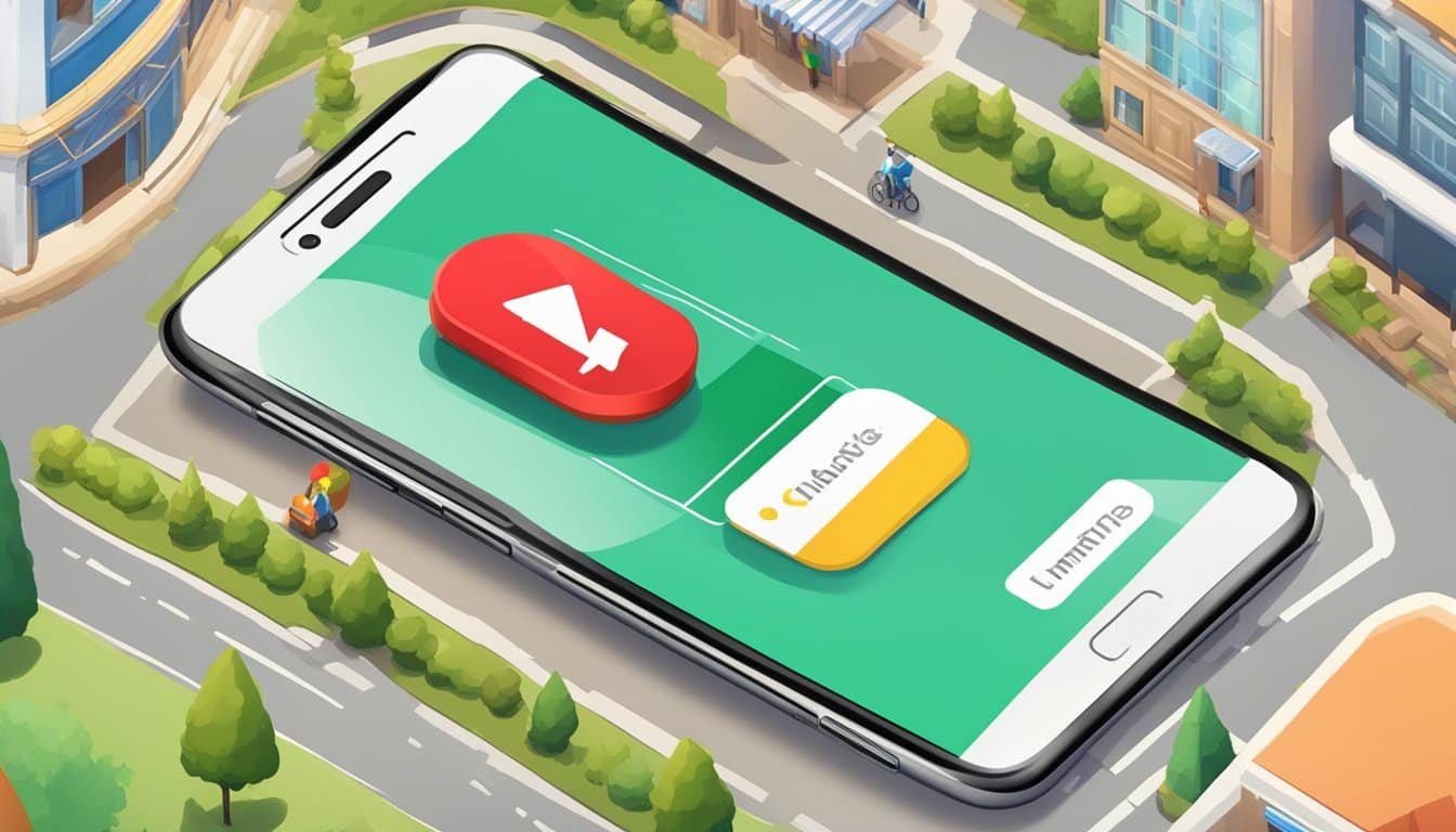 A smartphone with a red button on it, showcasing a mesmerizing city in the background.
