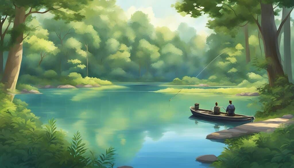 A tranquil painting of two people taking a break from idle fishing in a boat amidst the peaceful woods.