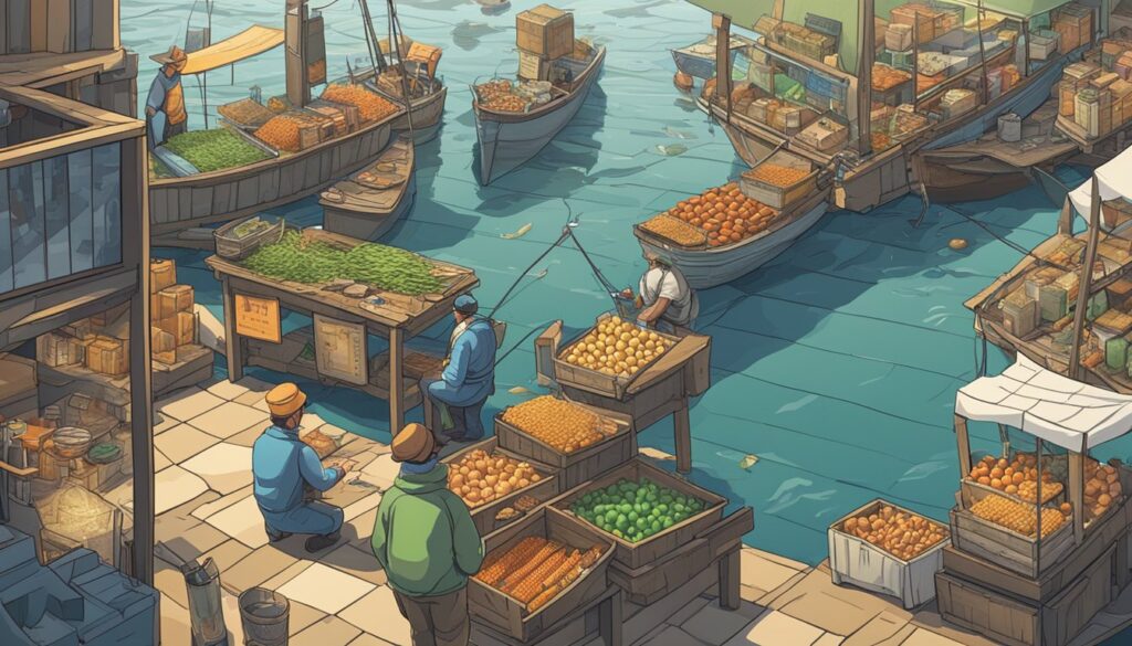 An illustration of a serene market with idle fishing boats and people taking a break.