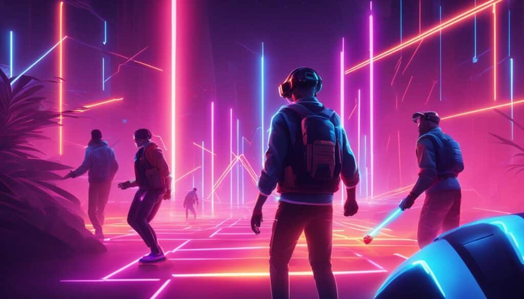 A group of people walking through a neon lit city, experiencing the high-stakes thrills of Beat Saber.