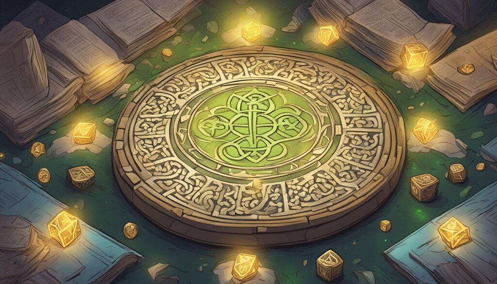 An illustration of a celtic circle adorned with gold coins, depicting a fascinating interplay of Raid Mechanics and Reward Strategies.