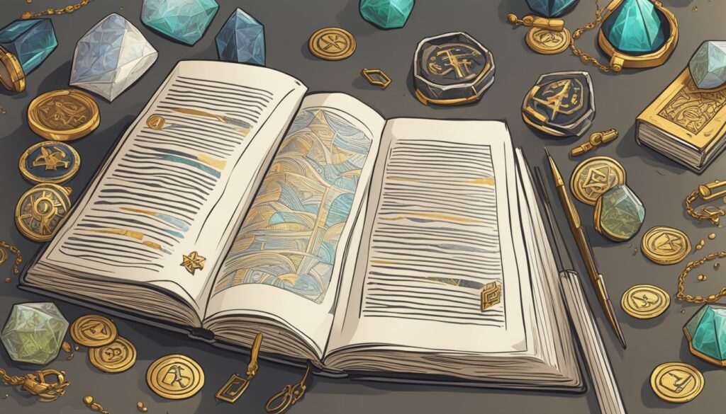 An open book adorned with golden coins and sparkling jewels.
