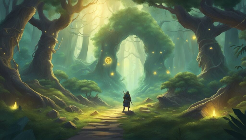 An illustration of a man walking through a magical forest filled with Rune Guides and encountering Raid Mechanics.