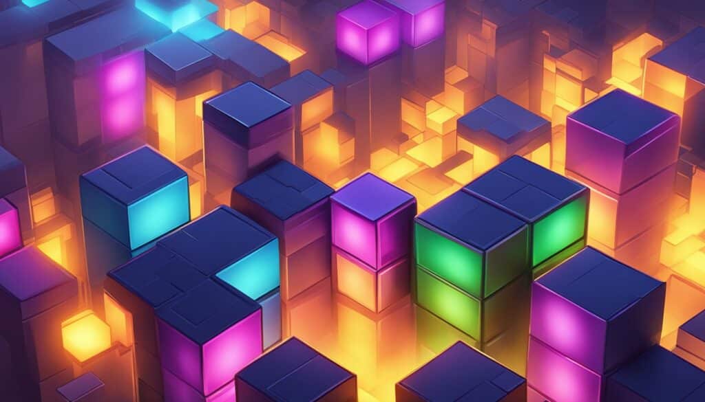 A vibrant cityscape adorned with colorful cubes reminiscent of Tetris blocks.