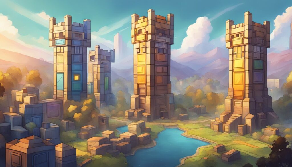 A series of Tetris Blocks towers in the middle of a forest, used to defend the area.