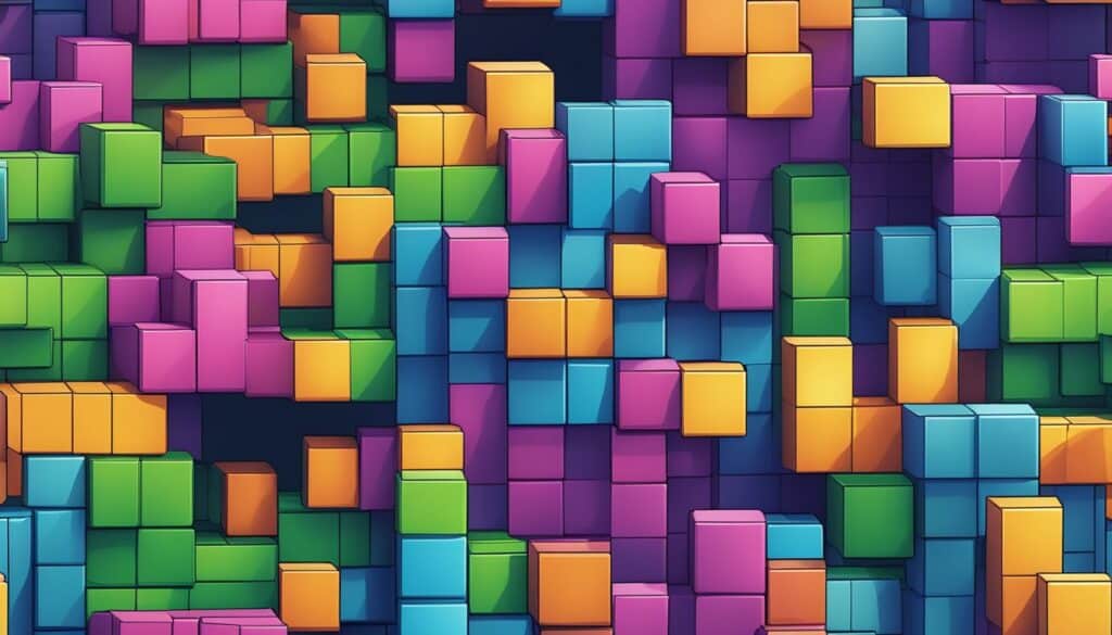 Strategic towers made of colorful cubes are arranged in a colorful pattern.