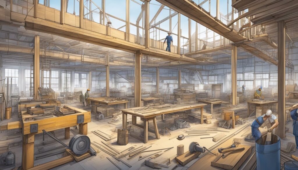 An illustration of a woodworking shop with building and renovation possibilities.