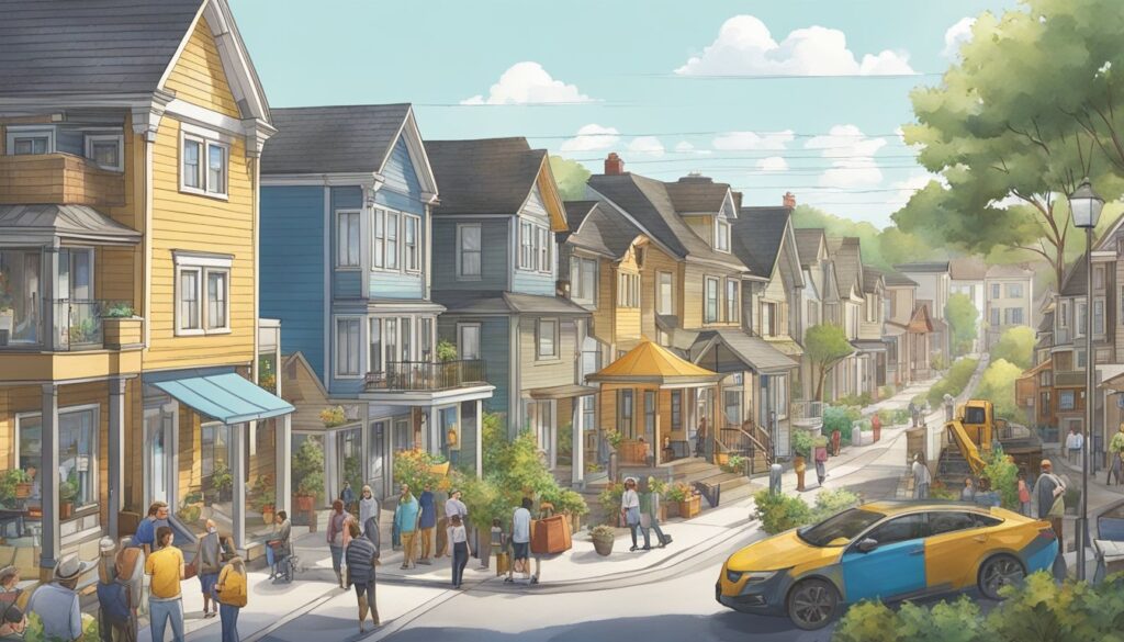 A hotly anticipated painting of a street with houses and cars, showcasing building renovation possibilities.