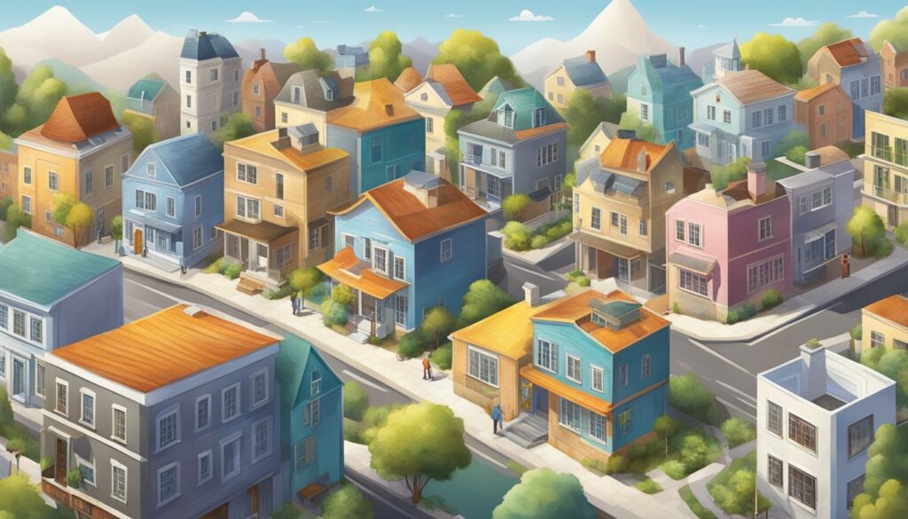 A hotly anticipated cartoon illustration of a city with houses and trees.