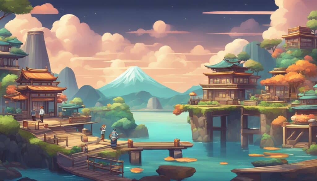 A Chinese village with a bridge and mountains in the background, serving super sushi rolls to delight gaming enthusiasts.