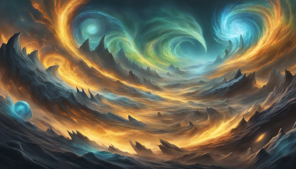 A nightmare elemental painting with fiery blue and orange swirls.