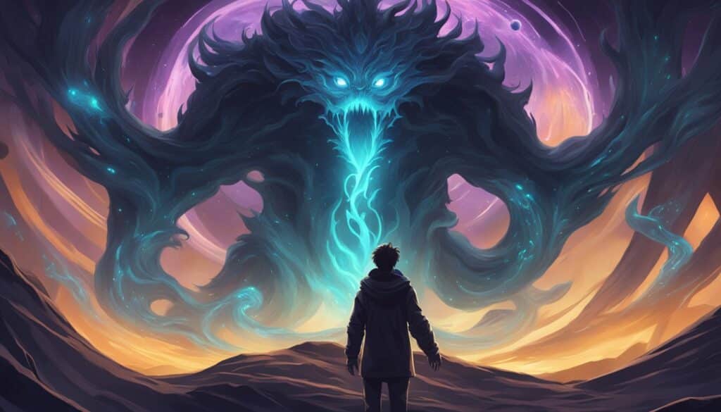 An illustration of a man facing a Nightmare Elemental.
