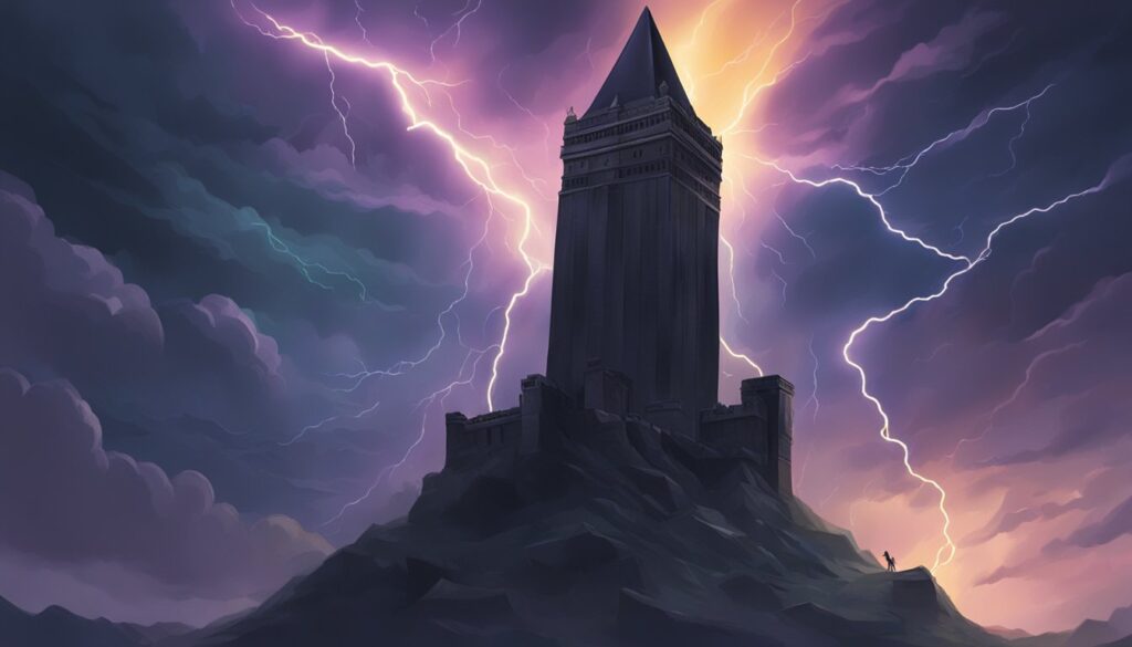 Uncovering the Truth behind a Witch Tower, illuminated by flashes of lightning in the background.