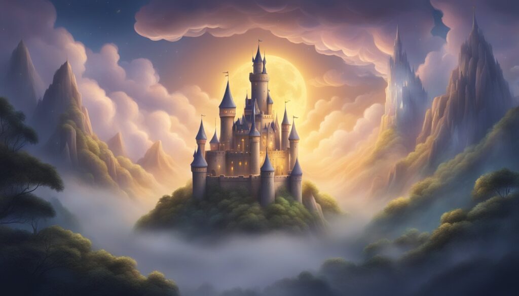 A mesmerizing painting of a castle in the clouds, with a mysterious Witch Tower piercing the sky. This captivating artwork effortlessly captures a sense of enchantment and intrigue, inviting viewers to ponder upon