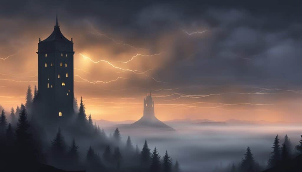 An illustration of a Witch Tower in the fog with flashing lightning, uncovering the truth.