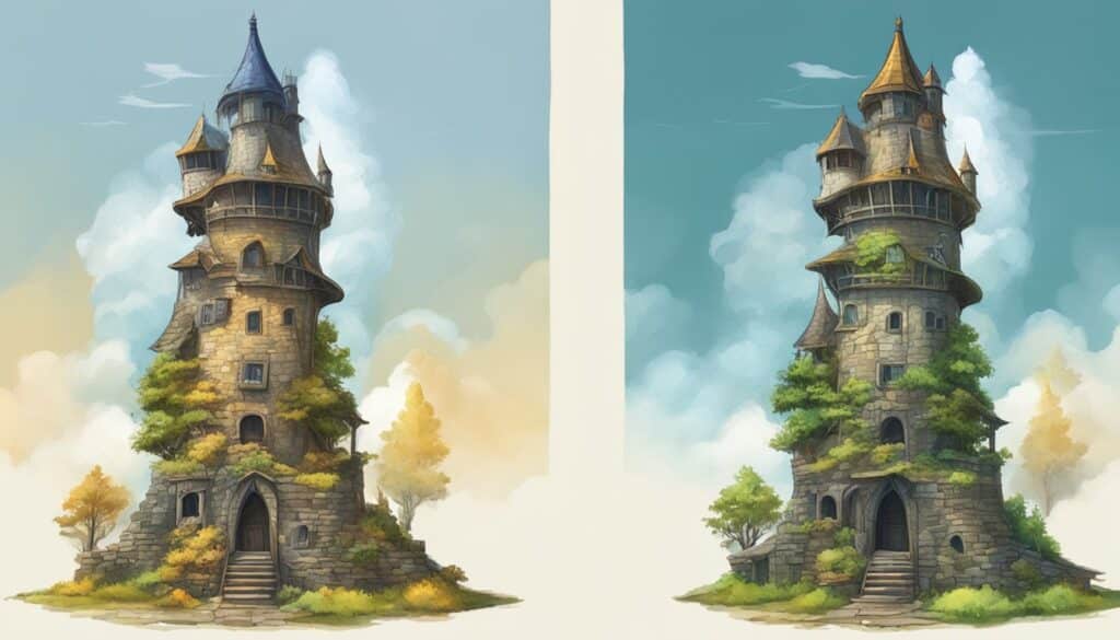 Two different paintings of a castle in the sky, featuring the mysterious Witch Tower and showcasing the mesmerizing beauty of Flash Availability.