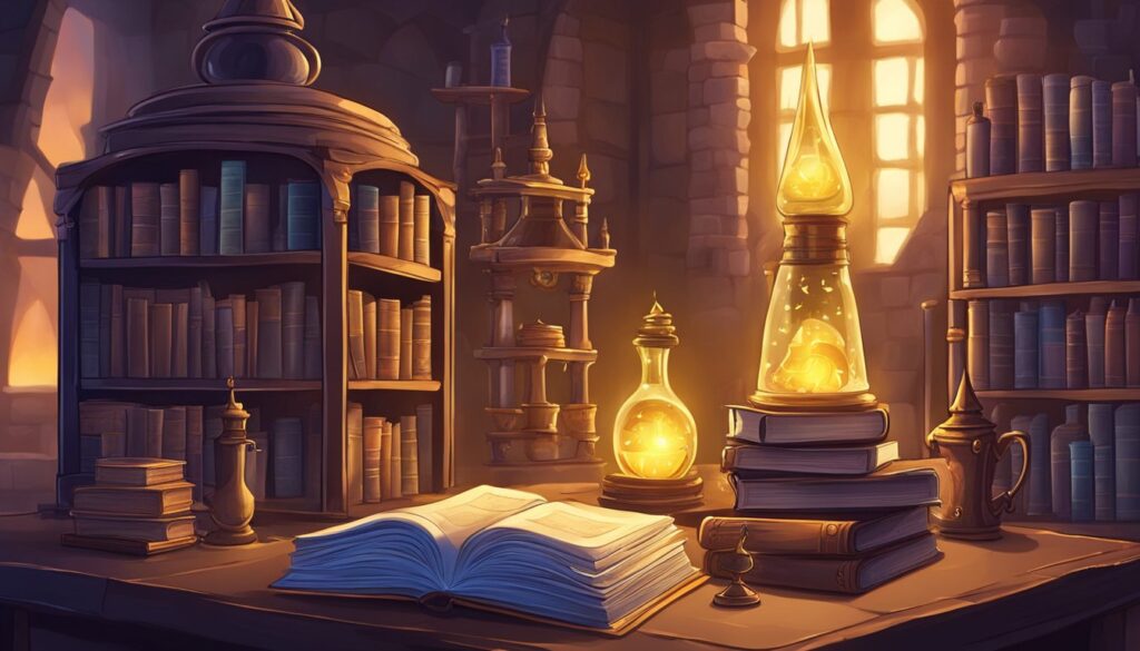 An illustration of a library with books, a lamp, and flash availability.