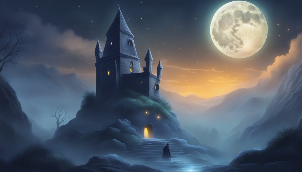 A castle on a hill under the enchanting glow of a moon, with the Witch Tower standing tall, beckoning those who dare to uncover the truth.